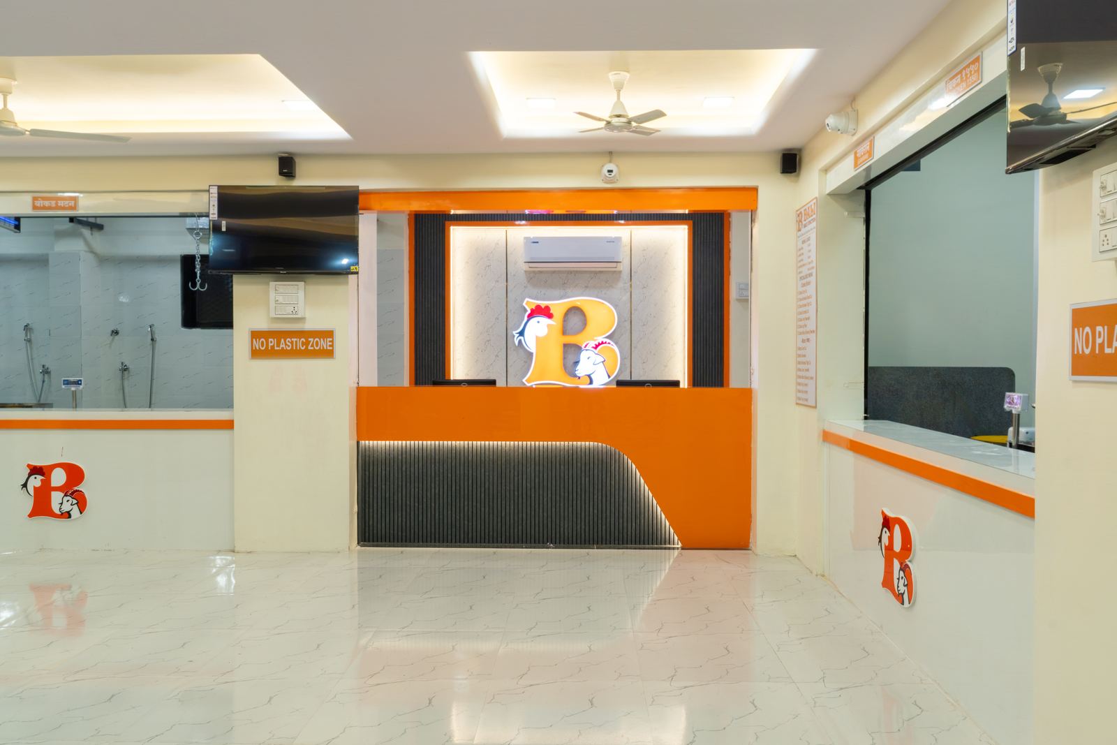 Clean billing counter and air-conditioned interior at Bali Meat Junction